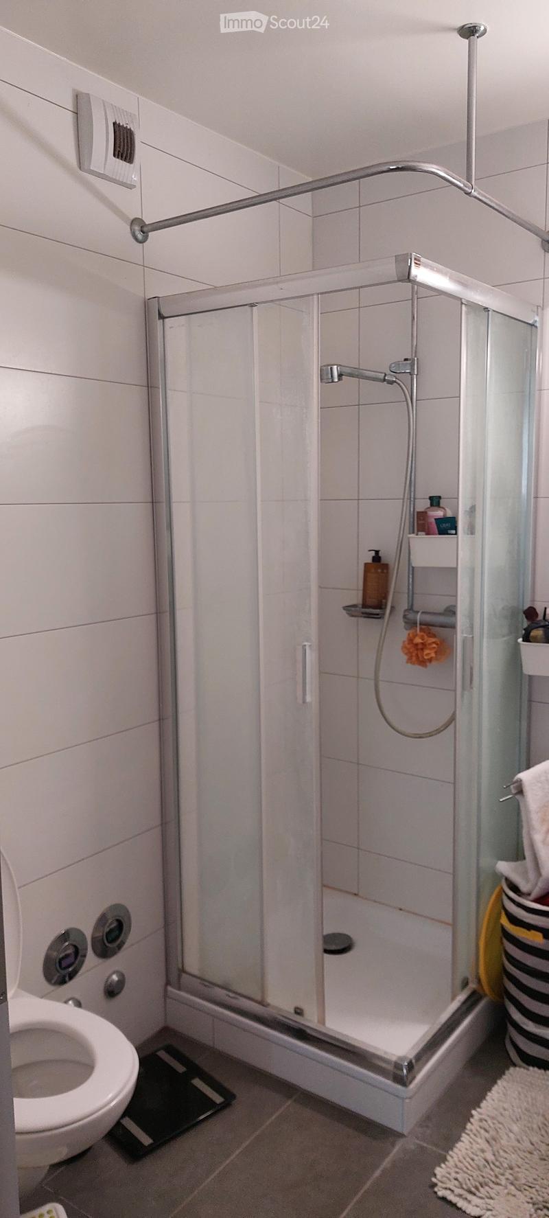 Modern bathroom with a glass-enclosed shower, toilet, and tiled walls. Includes a shower shelf with toiletries and a towel on the floor.