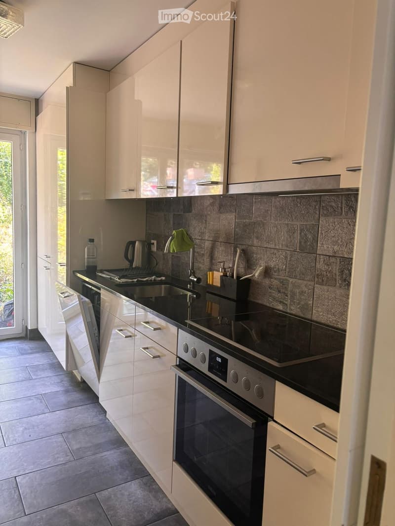 Modern kitchen with white cabinets, stainless steel appliances, and a black countertop.
