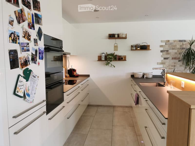 Modern kitchen with white cabinets, stainless steel appliances, wooden countertops, and decorative shelves.