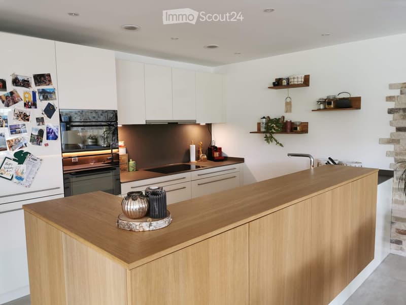Modern kitchen with white cabinets, stainless steel appliances, wooden countertop, and decorative items on shelves and counter.