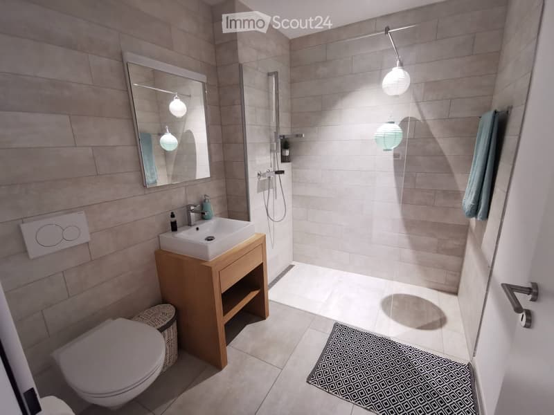 Modern bathroom with a wooden vanity, sink, mirror, toilet, and a glass-enclosed shower area. Features a decorative patterned rug and a woven basket.