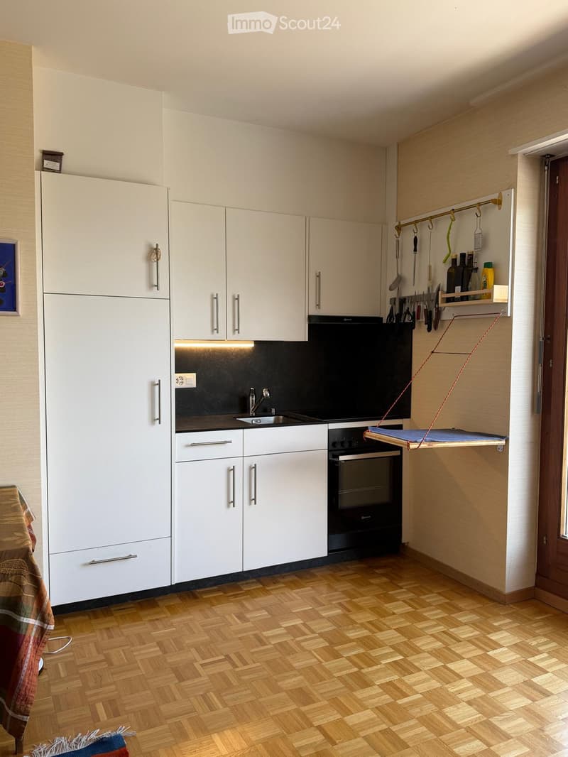 Modern kitchen with white cabinets, stainless steel appliances, wooden herringbone flooring, and a small hanging shelf for utensils and bottles.