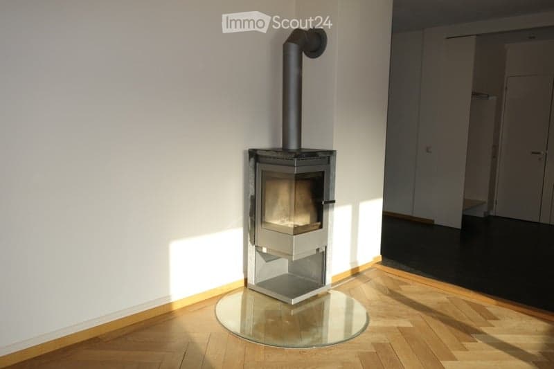 Fireplace with glass door, round glass stand, white wall, wood floor, sunlight