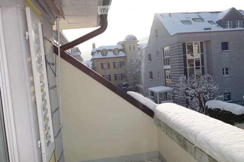 Winter view, balcony, snow-covered roofs, snowy trees, adjacent buildings, railing