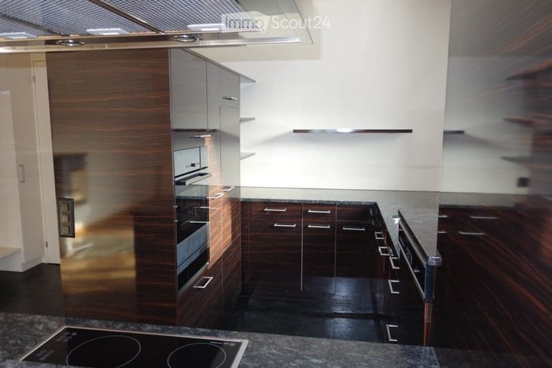 Wooden cabinets, granite countertops, built-in oven, stainless steel countertop, induction cooktop, modern design
