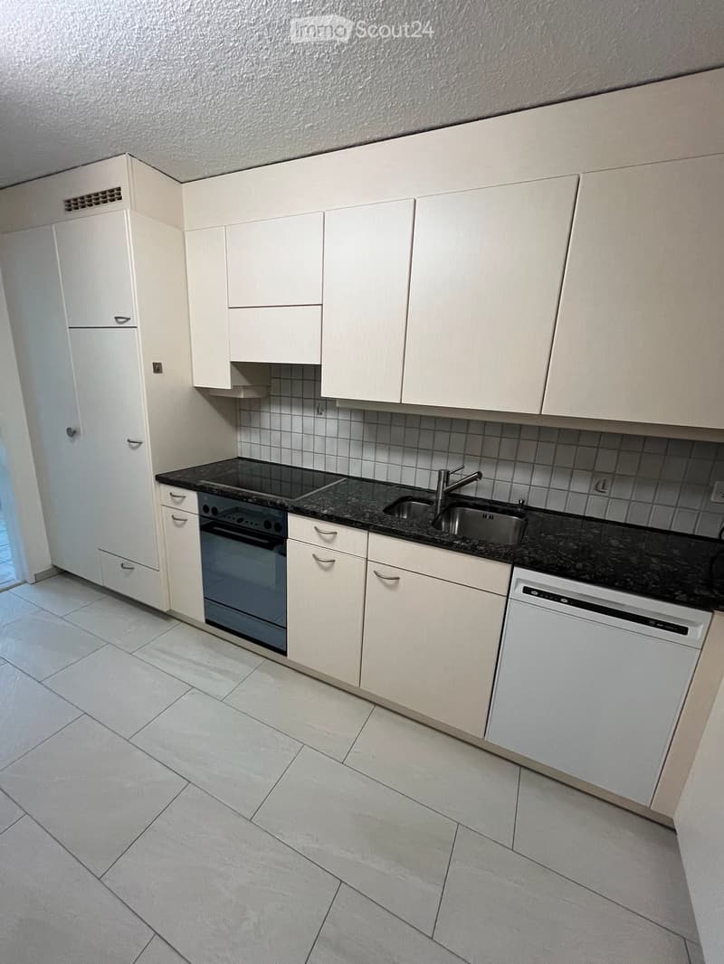 Modern kitchen with white cabinets, granite countertop, stainless steel sink, and built-in oven and dishwasher.