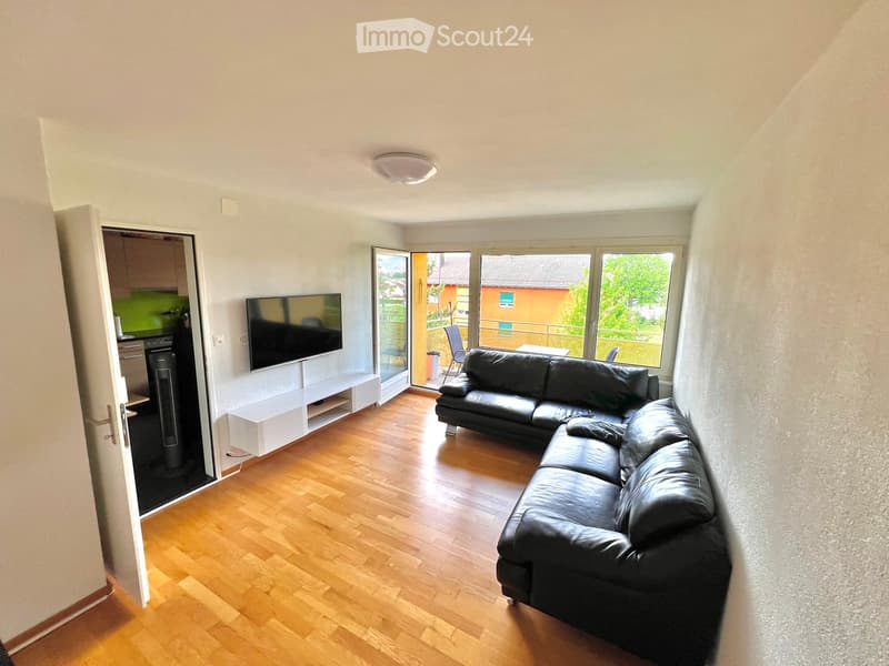 Modern living room with wooden flooring, a black leather sofa, a flat-screen TV on a white stand, and a sliding glass door leading to a balcony.