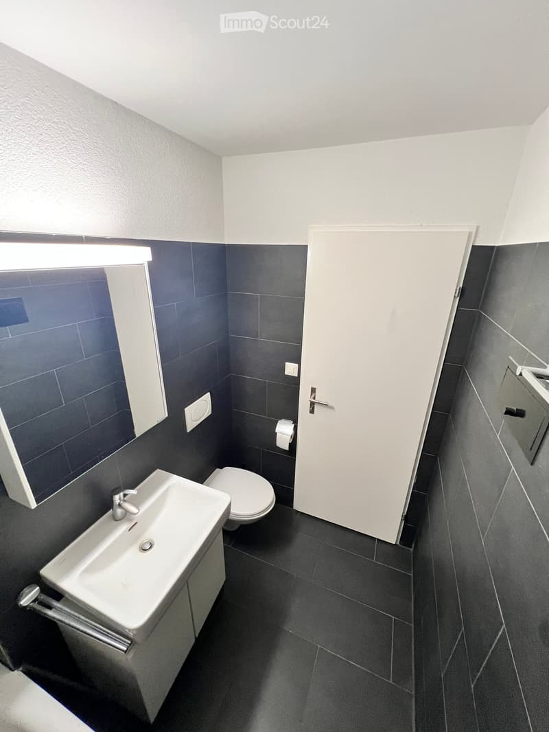 Modern bathroom with dark grey tiles, white sink, toilet, and mirror. Features a window with blinds and a door.