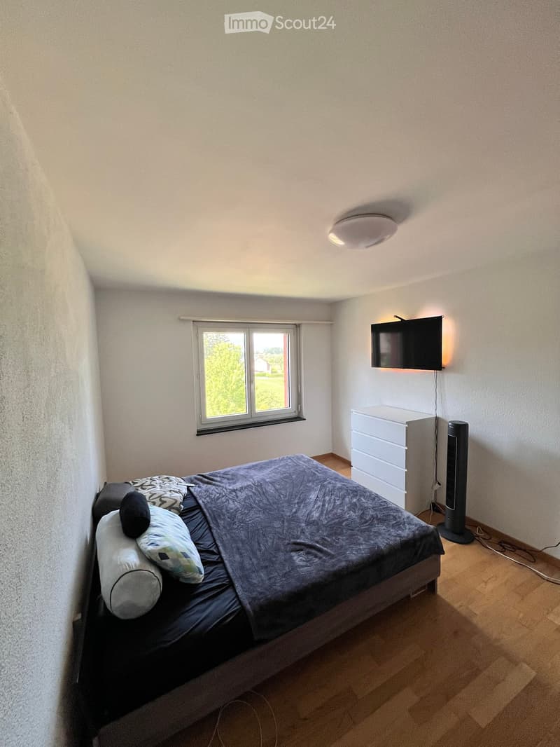 A modern bedroom with a double bed, pillows, a drawer unit, a fan, and a wall-mounted TV. The room features wooden flooring and large windows with a view of greenery.