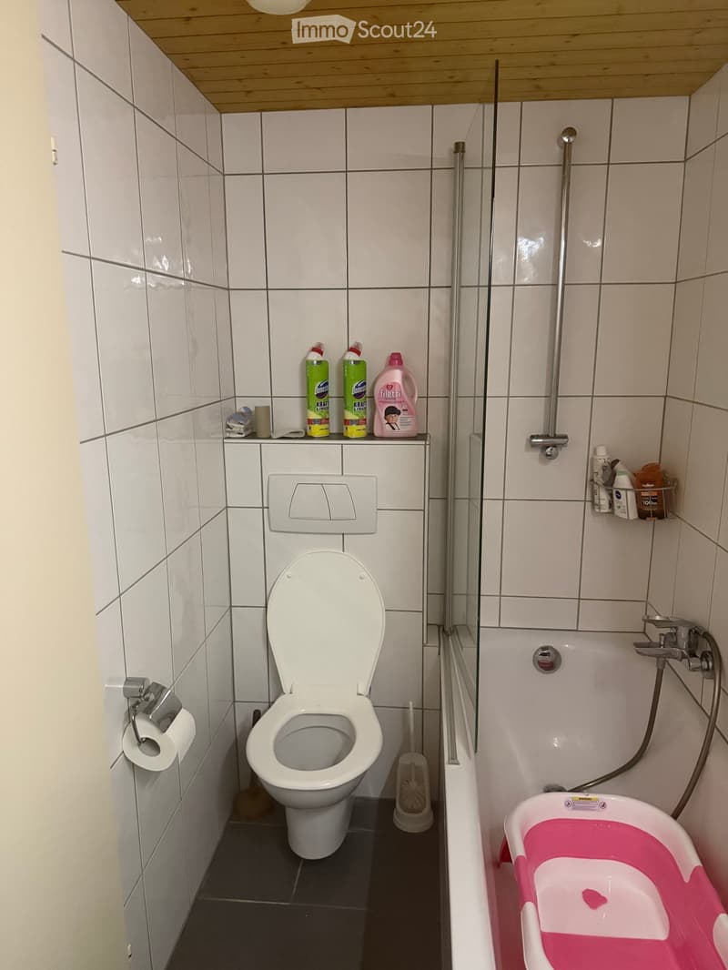 A compact bathroom with a toilet, a small bathtub, and a shower hose. Cleaning supplies are placed on a shelf above the toilet, and a toilet paper roll is mounted on the wall.