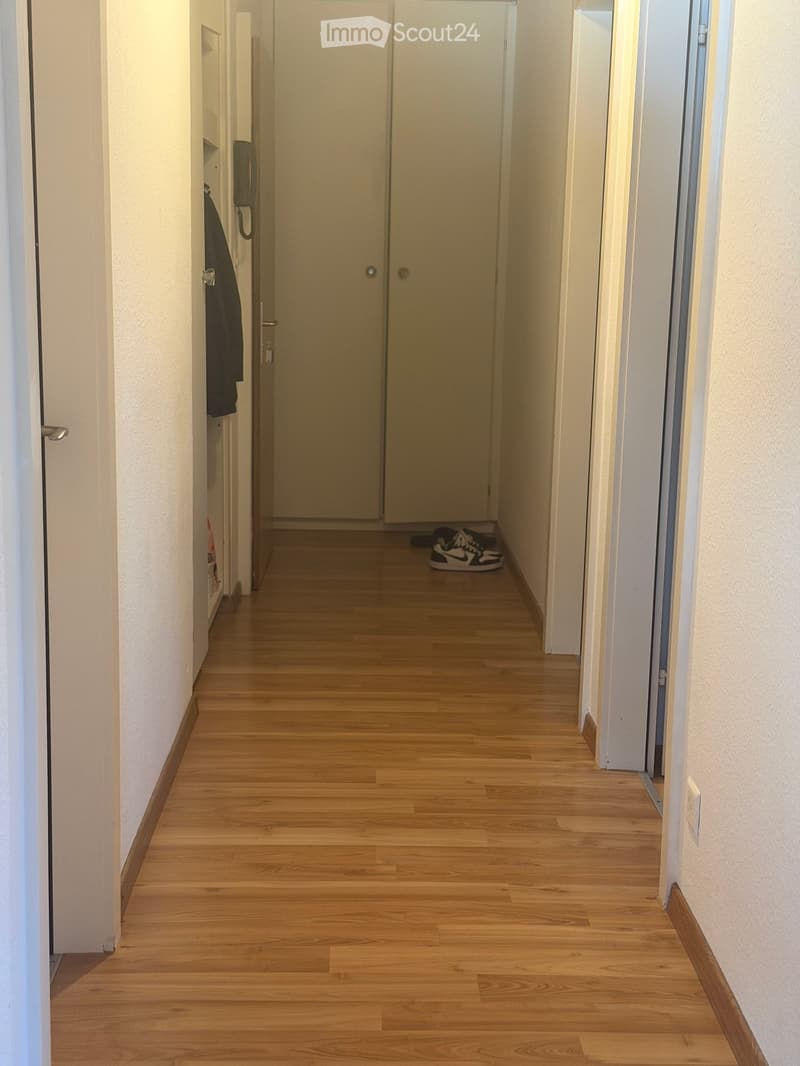 A narrow hallway with wooden flooring, white walls, and several closed doors. A pair of shoes is placed near the end of the hallway, and a coat hangs on a hook to the left.
