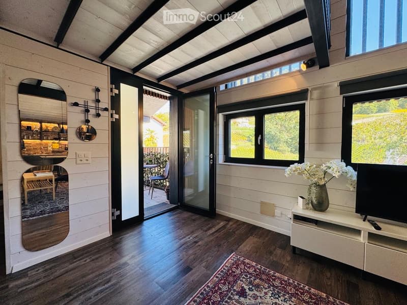 Modern living room with wooden floors, large windows, television, vase with flowers, and a mirror on the wall.