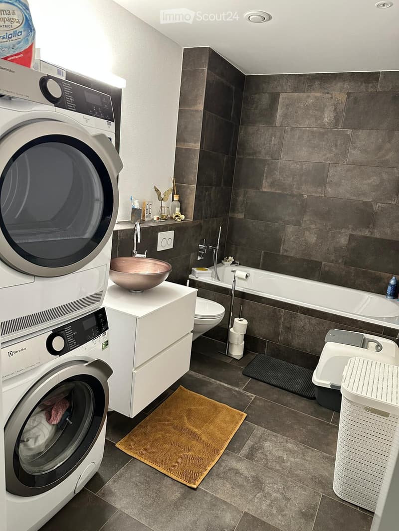 Modern bathroom with a washing machine, sink, toilet, bathtub, and a small cabinet with a decorative bowl on top.