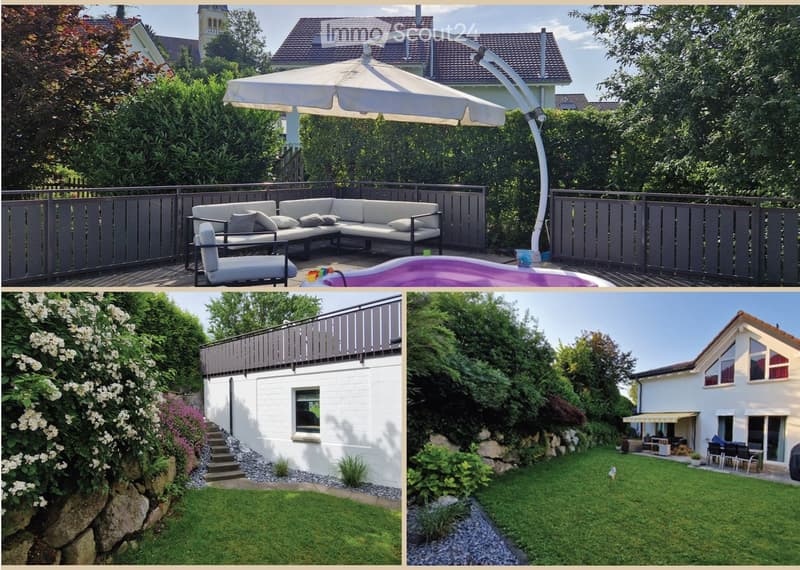 Four images showing a modern outdoor patio with a sectional sofa, sun umbrella, and small pool, along with a house exterior featuring a raised ground floor, balcony, and well-maintained garden.