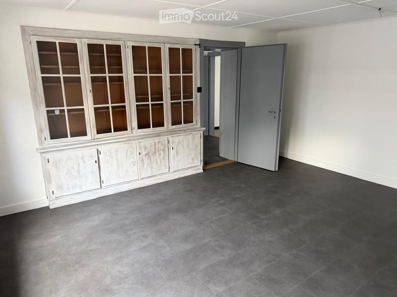 Empty room with grey tiled floor, white walls, and a large cabinet with glass doors on one wall. A grey door is open, leading to another space.