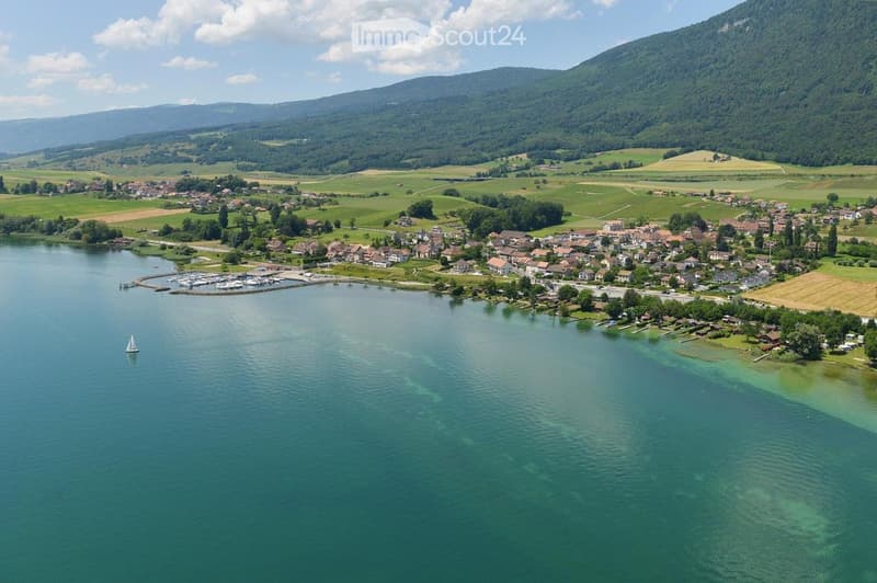 Aerial view of a small town situated by a lake, surrounded by green fields and mountains. The town features numerous houses, a marina with boats, and a sailboat on the lake.