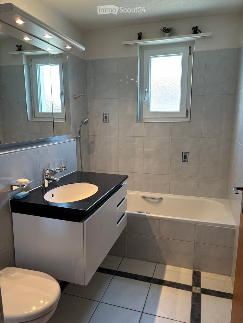 Modern bathroom with a black countertop sink, bathtub, toilet, and large mirror. Features include tiled walls, a window, and built-in shelves with decorative items.