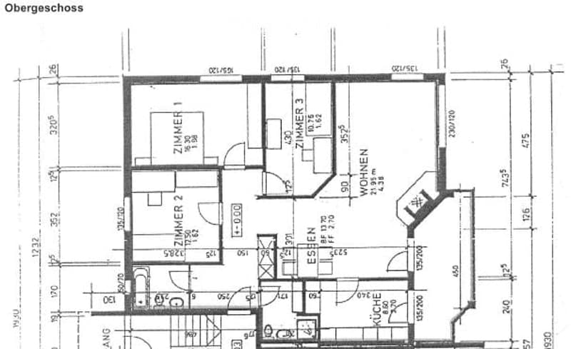 Top floor floor plan showing two bedrooms, a living room, a kitchen, a bathroom, and a hallway.
