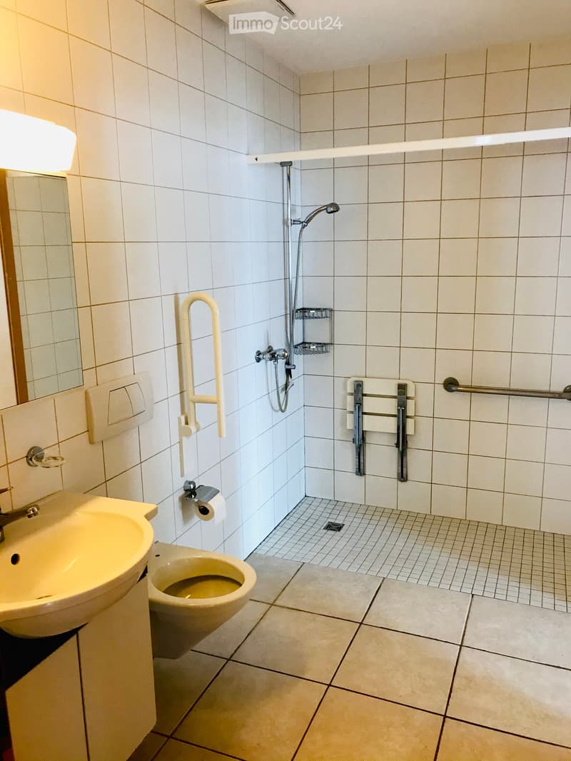 Accessible bathroom with white tiled walls, a sink, toilet, shower with a handheld sprayer, and grab bars for support.