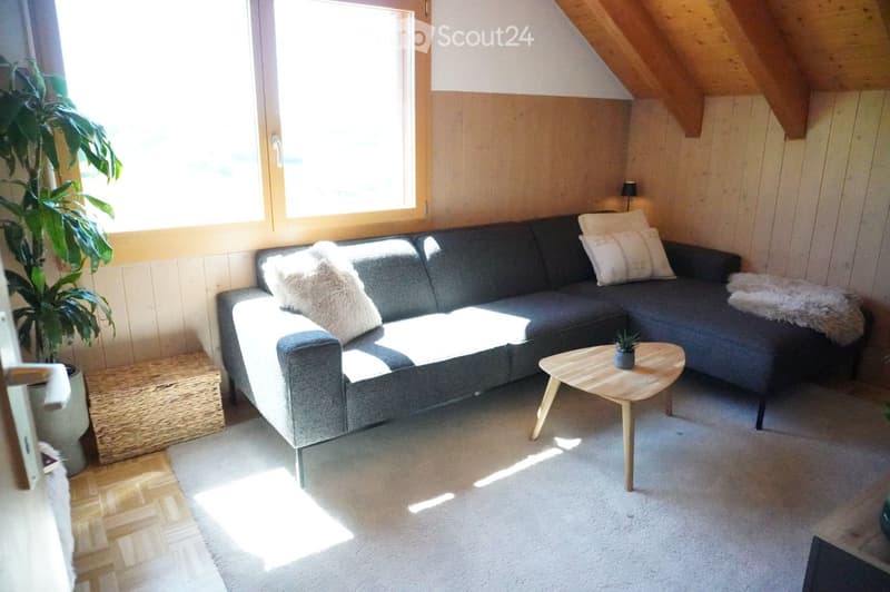 Bright living room with a grey sectional sofa, white throw pillows, a small wooden coffee table with a potted plant, and a wicker basket on the floor. The room features wooden beams on the ceiling and large windows letting in natural light.