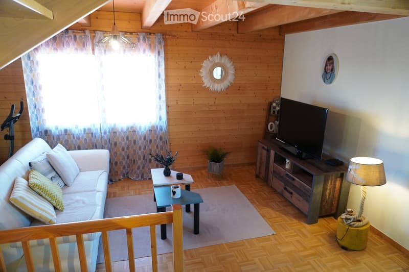 A cozy living room with wooden walls and flooring, featuring a white sofa with pillows, a coffee table, a TV stand with a flat-screen TV, a floor lamp, and decorative items including a mirror and small plants.