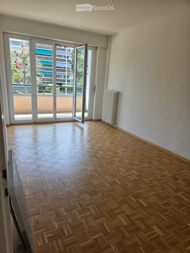 Empty room with wooden herringbone flooring, white walls, large sliding glass doors leading to a balcony, and a radiator on one wall.