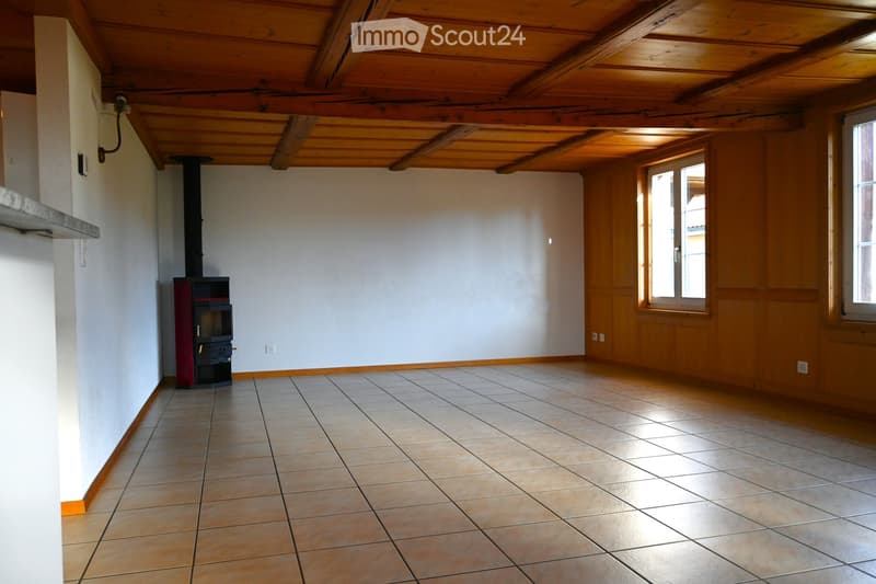 empty room, wooden ceiling, tiled floor, fireplace, windows