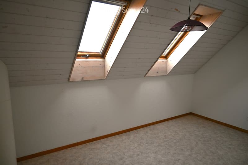 empty room, two skylights, white walls, wooden floor, ceiling lamp