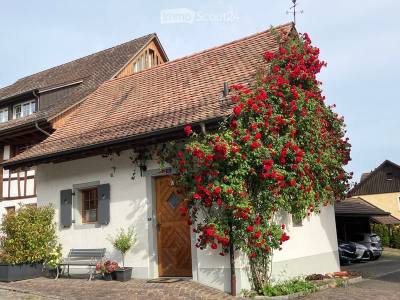 Two-story house with a tiled roof, white walls, wooden door, and climbing red flowers on the facade. A bench and potted plants are placed near the entrance, and a car is parked in the driveway.