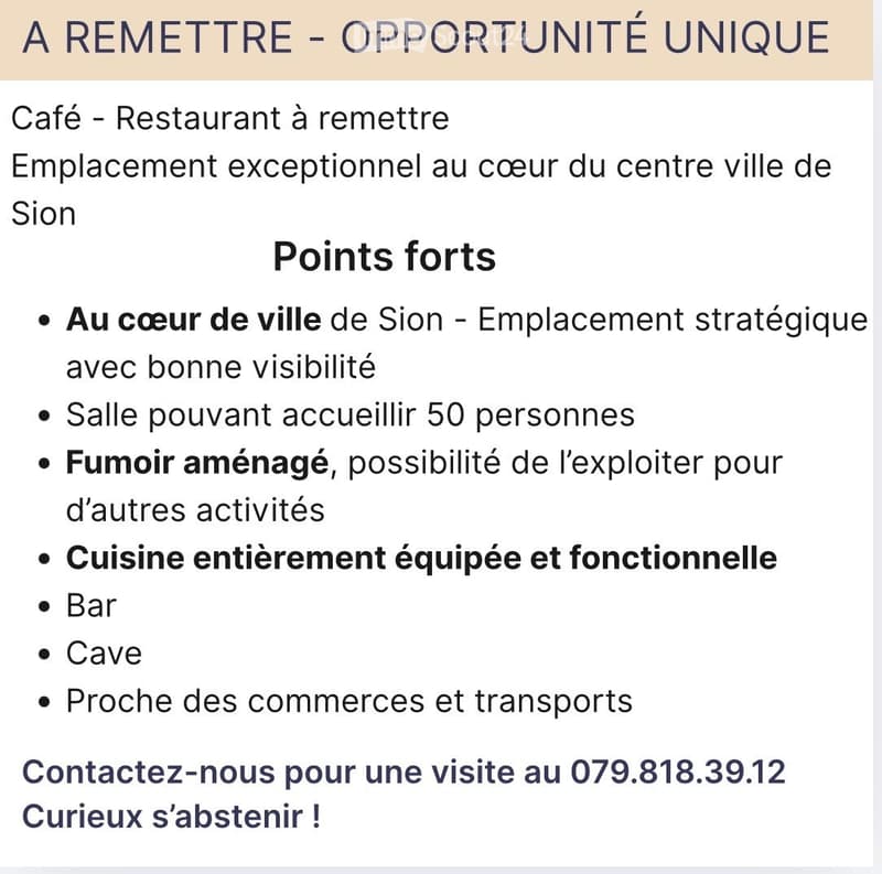 Advertisement for a cafe-restaurant for rent in the city center of Sion, featuring a fully equipped kitchen, bar, and cellar, with a smoking area and capacity for 50 people.