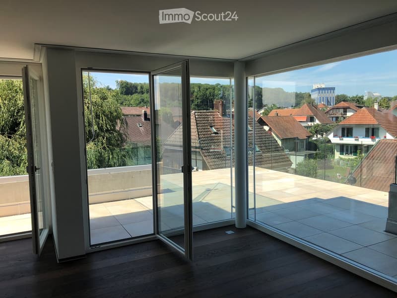wide terrace, large glass doors, open balcony, floor-to-ceiling windows, modern design, city view