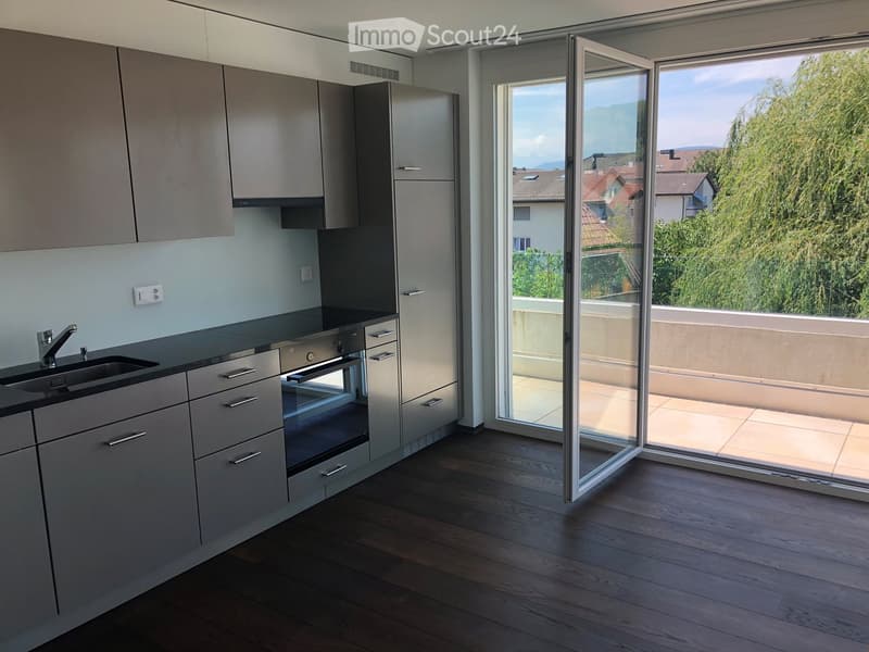 kitchen with appliances, open sliding door, balcony, hardwood floors, modern cabinets