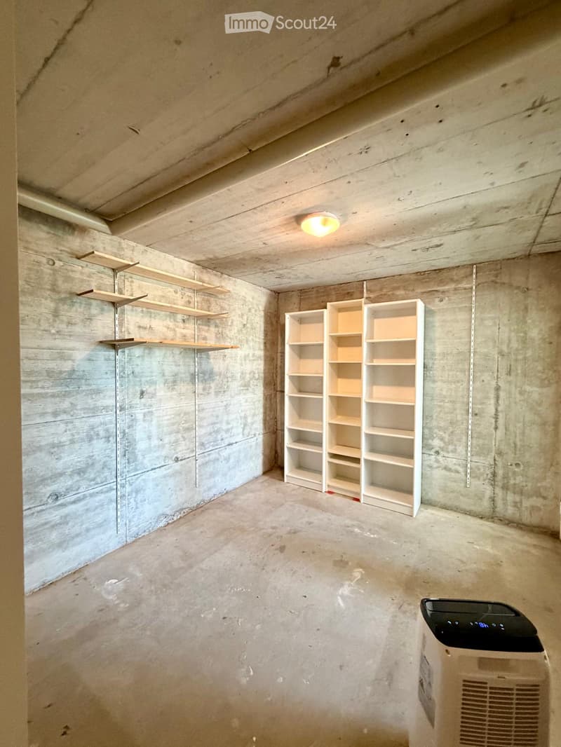 Empty room with concrete walls and floor, featuring built-in wooden shelves, a white shelving unit, and an air conditioner unit in the corner.