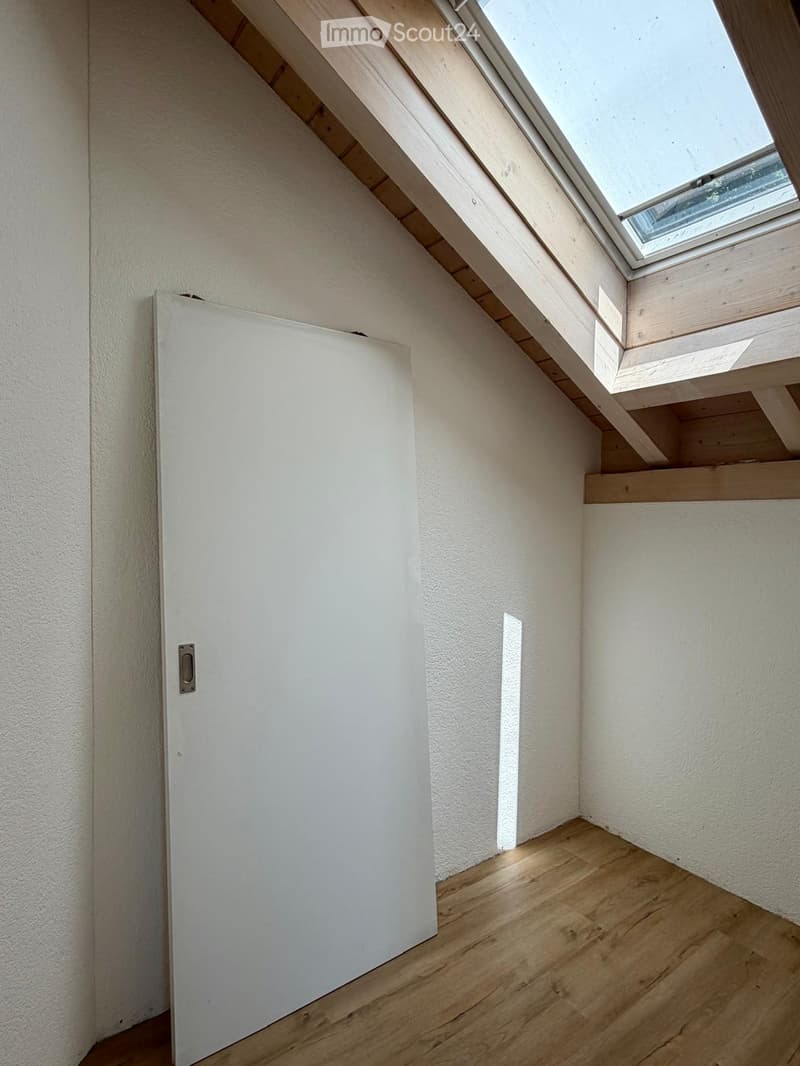 Empty attic space with wooden flooring, white walls, and a skylight window at the top.