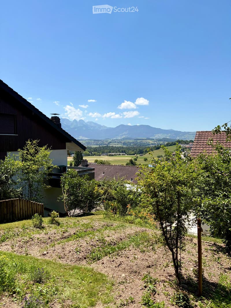 A garden area with a mix of grass, dirt patches, and small plants, surrounded by trees and a wooden fence, with houses and mountains in the background.