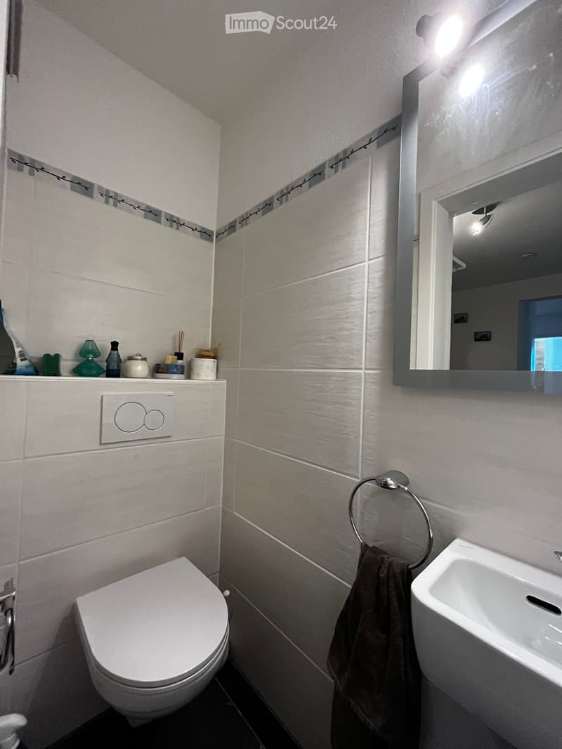 Modern bathroom with white tiles, a toilet, a sink, a mirror, and decorative items on a shelf.