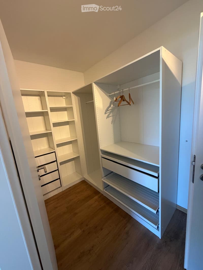 Empty walk-in closet with white built-in shelving units, drawers, and hanging rods. Wooden flooring and white walls.