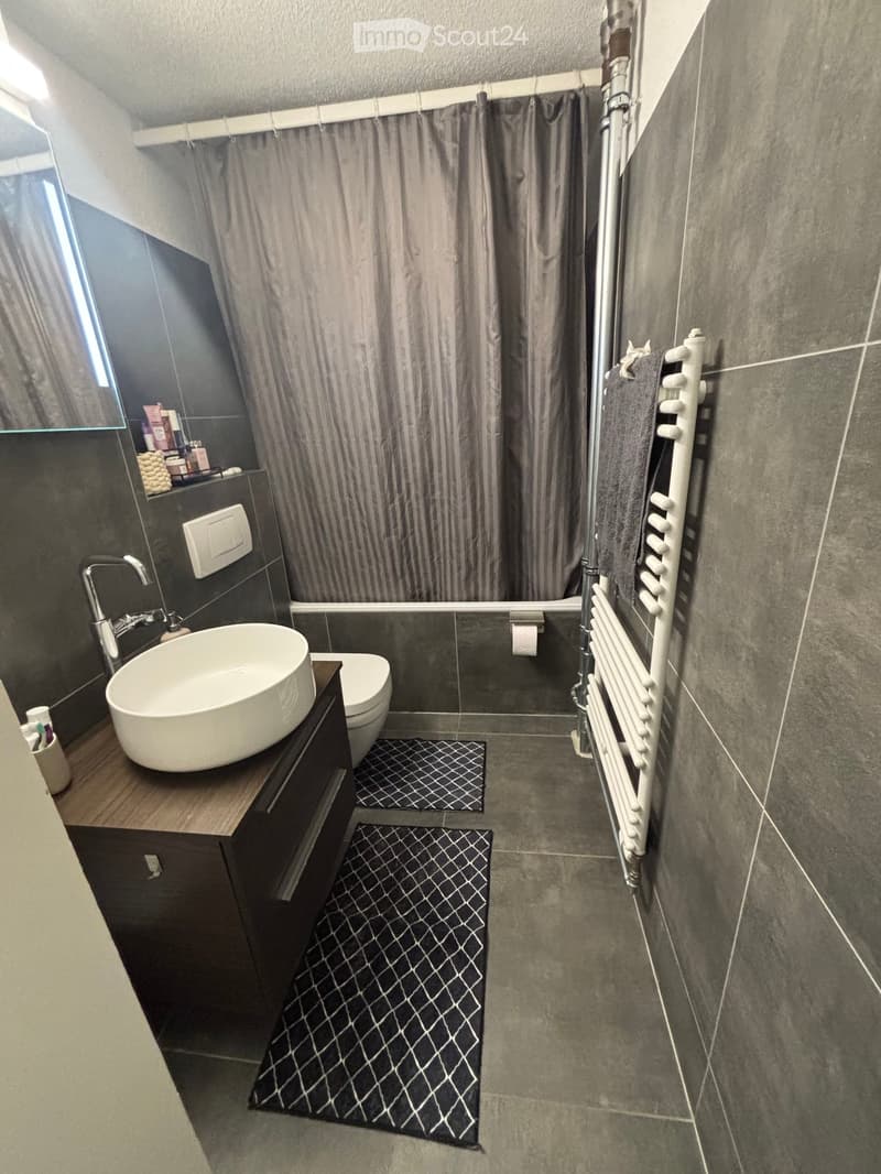 Modern bathroom with dark grey tiles, a white sink, a toilet, a radiator, a mirror, and a shower curtain.