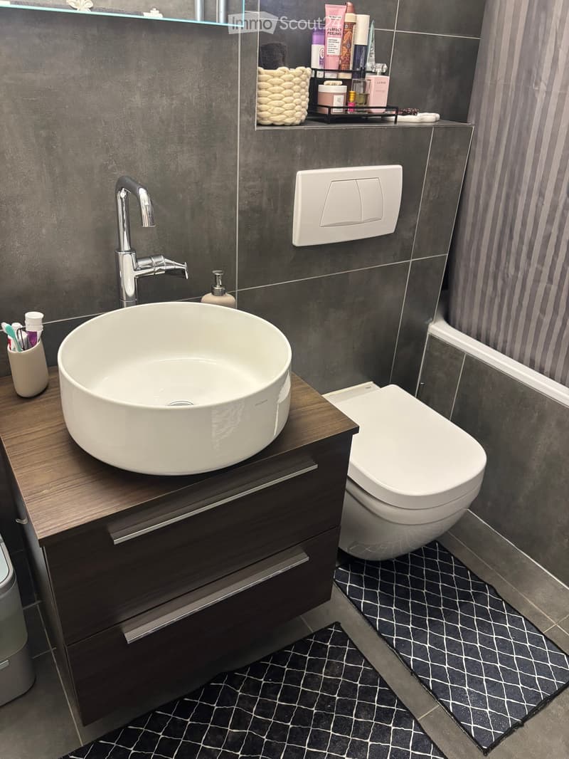 Modern bathroom with a dark grey tiled wall, a white sink on a dark wooden vanity, a chrome faucet, a toilet, and a black and white patterned rug on the floor.