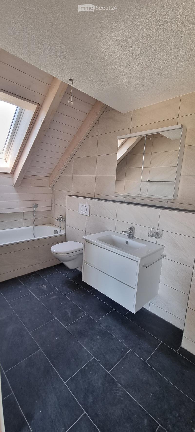 Modern bathroom with dark tiled floor, white sink, toilet, bathtub, and mirrored cabinet.