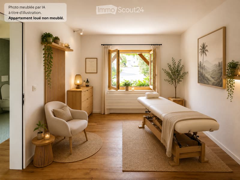 Well-lit room with wooden flooring, a massage table, a comfortable chair, a small table with a lamp, and decorative plants. A large window offers a view of greenery outside.