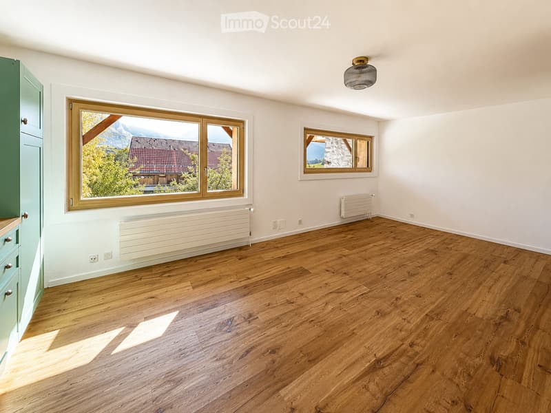 Empty room with wooden flooring, large windows, radiators, and a ceiling light fixture.