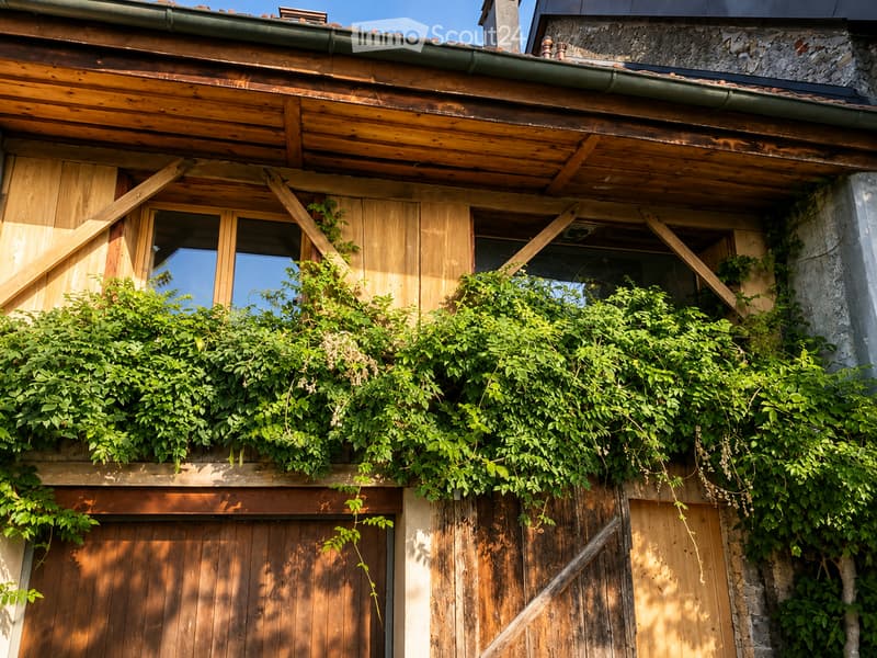 Close-up view of a wooden building facade with ivy-covered walls, wooden shutters, and a partially visible window. The roof is wooden with visible beams and a green gutter.