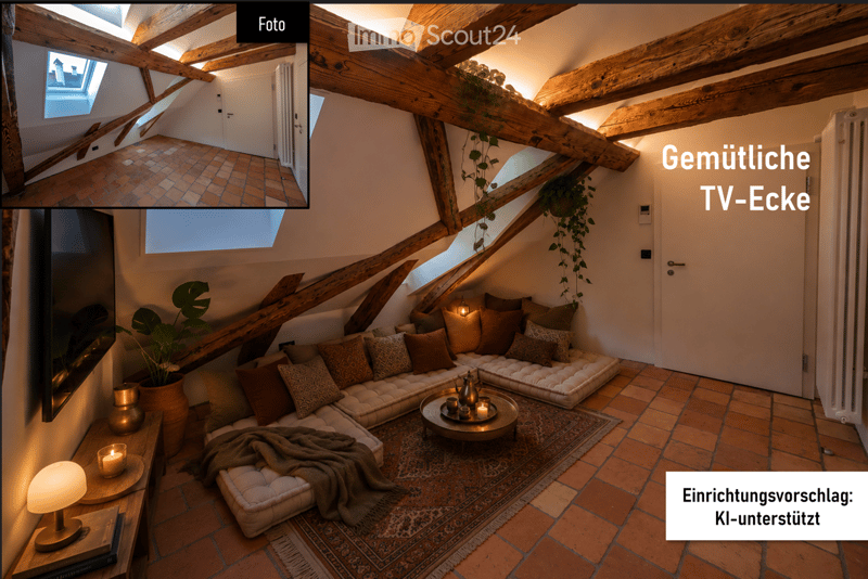 Cozy living room with exposed wooden beams, brick floor, sectional sofa, coffee table, table lamp, candles, potted plant, and television.