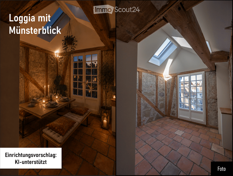 Cozy loggia with exposed wooden beams, brick floor, large window, and a small dining setup with a table, bench, candles, wine glasses, plates, and potted plants.