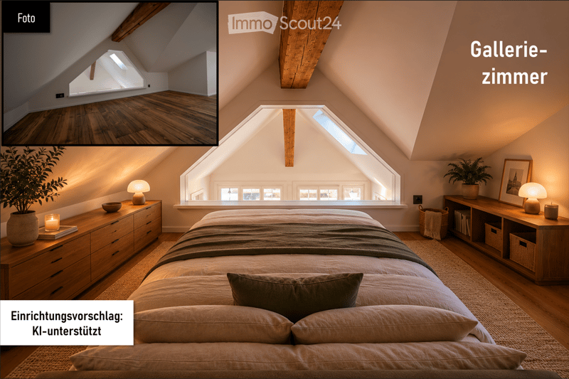 Cozy attic bedroom with wooden beams, skylight windows, and modern furnishings including a bed, nightstands, lamps, and decorative plants.
