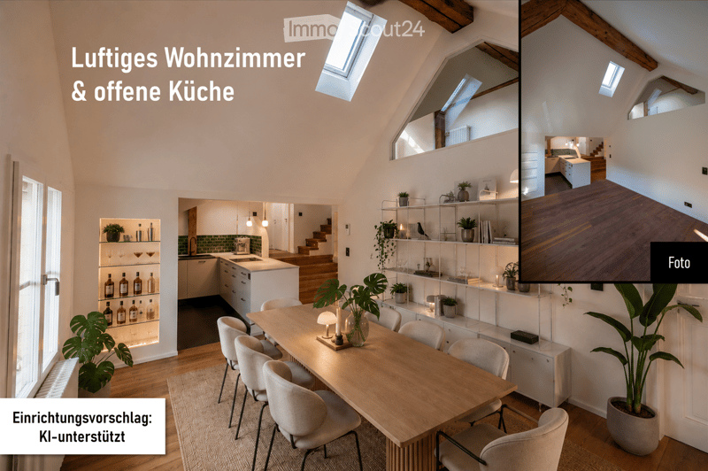Open-plan living and dining area with a wooden dining table, chairs, shelves with wine glasses and bottles, kitchen area with cabinets and sink, and decorative plants.