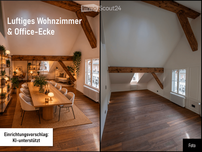 A spacious, loft-style living and office area with wooden beams, hardwood floors, large windows, a dining table with chairs, a sofa, shelves with plants and decor, and a desk with a chair.