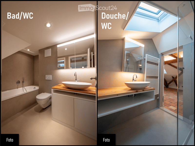 Two modern bathrooms: one with a bathtub, toilet, sink, and mirror; the other with a sink, mirror, and glass shower enclosure with a skylight.