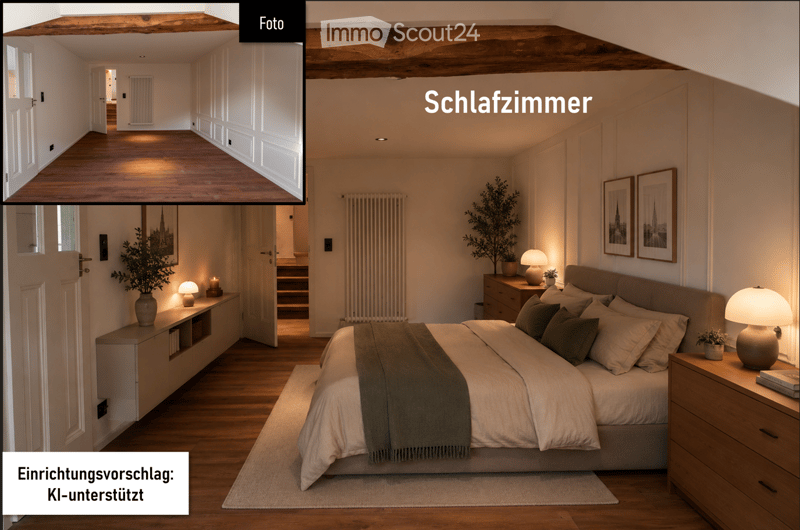 Modern bedroom with a large bed, nightstands, lamps, picture frames, and a plant. The room features wooden flooring and white walls.